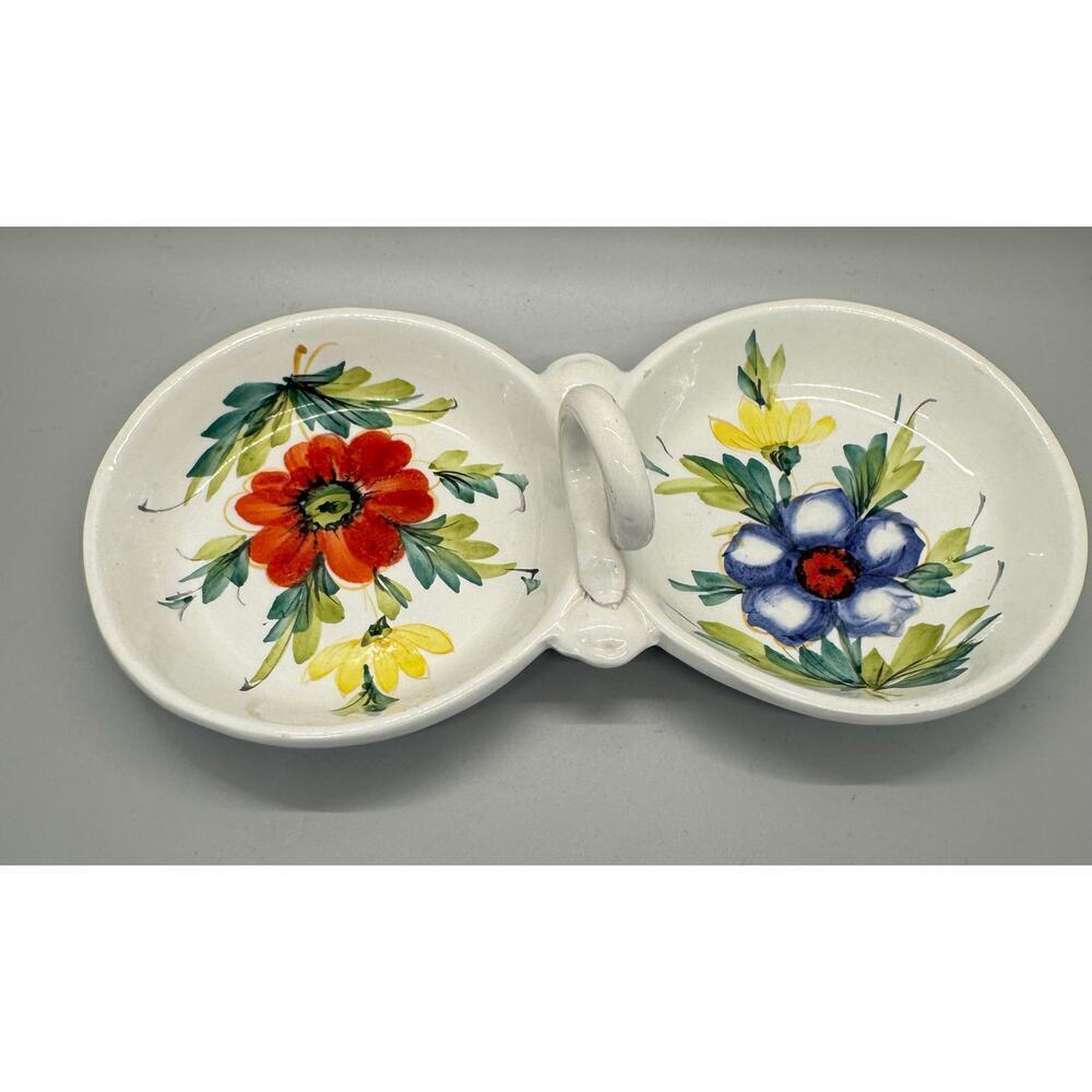 Vintage Beautiful Hand Painted Divided Dish Floral Handle Made In Italy Spring